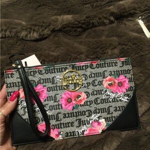 Juicy Couture Black Floral Logo Wristlet Clutch with Pink Flowers